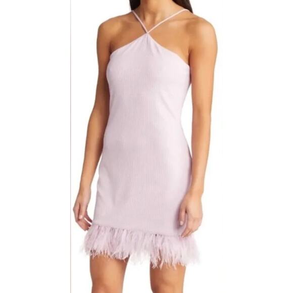 SAYLOR Ainsley Ostrich Feather Trim High Neck Mini Dress In Purple Lavender Sz S - Picture 1 of 7